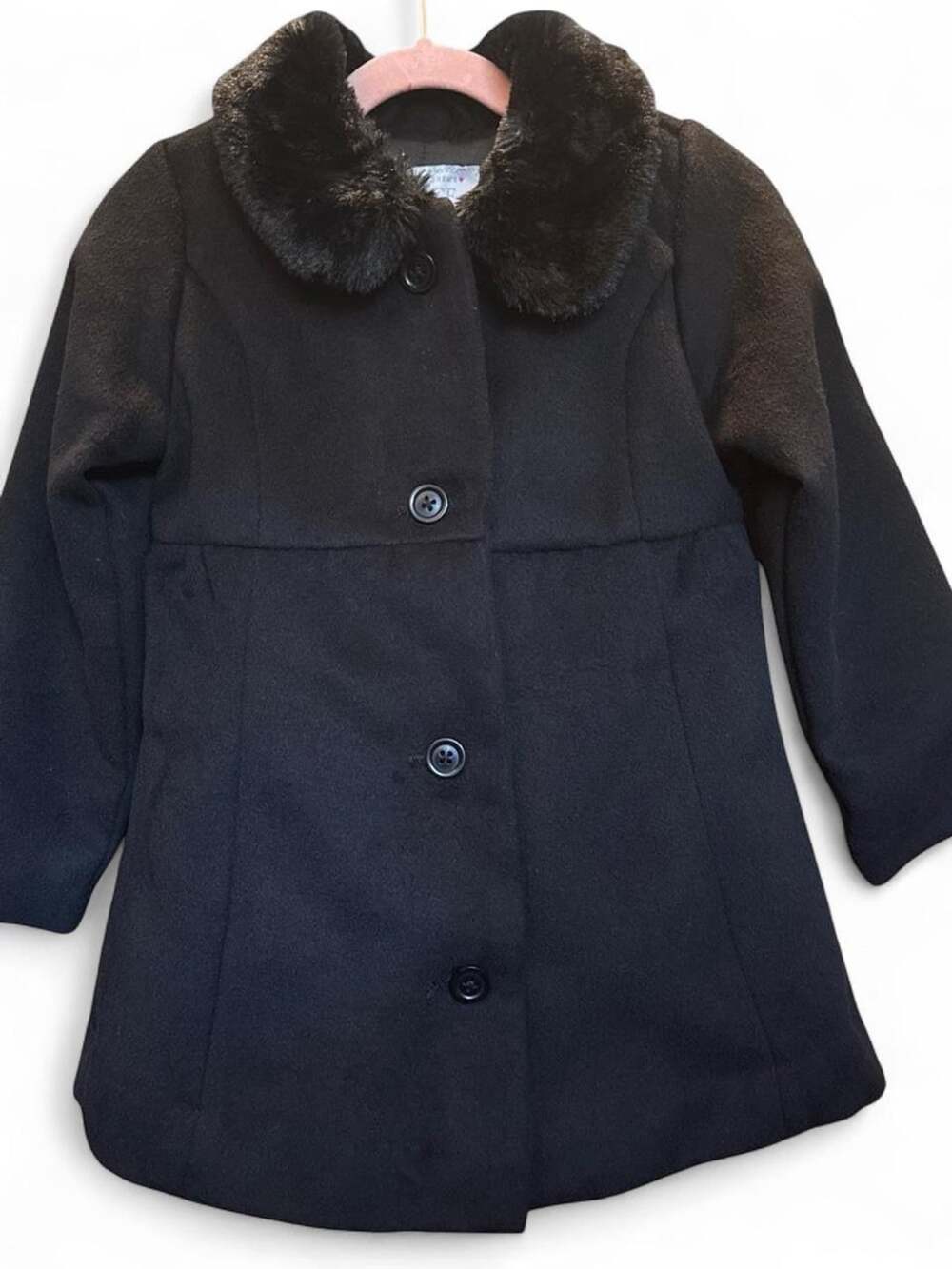 The Childrens Place Girls Black Faux Fur Collar Dress Coat Pea Coat 5T